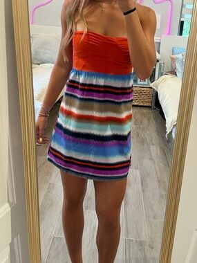 Roxy Strapless Mini Dress in Orange and Multicolor Stripe